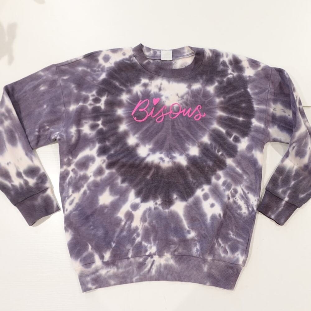 NEW Purple Tie Die Sweatshirt with Hot Pink Flocked " BISOUS" across the heart